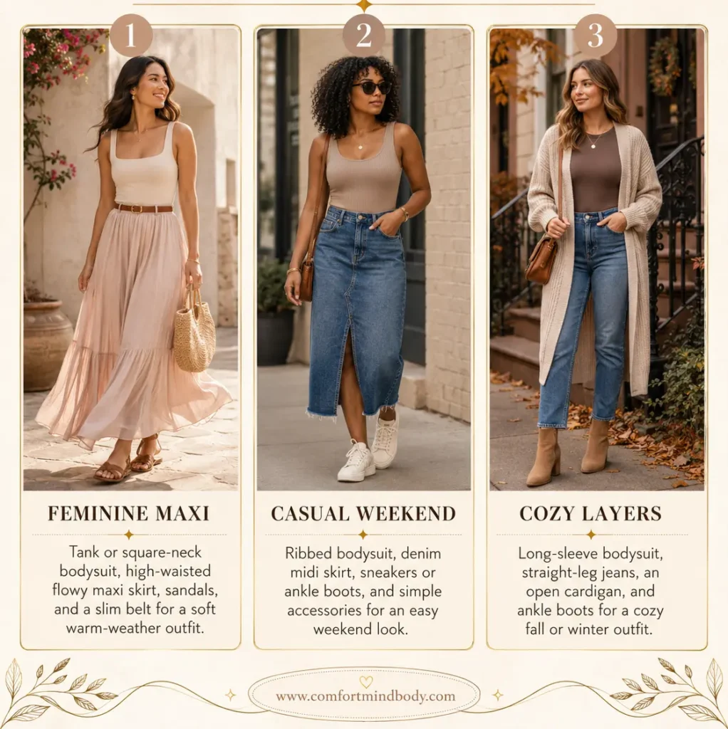 Soft and easy bodysuit outfit ideas with a flowy maxi skirt, denim midi skirt, cardigan, jeans, and ankle boots.