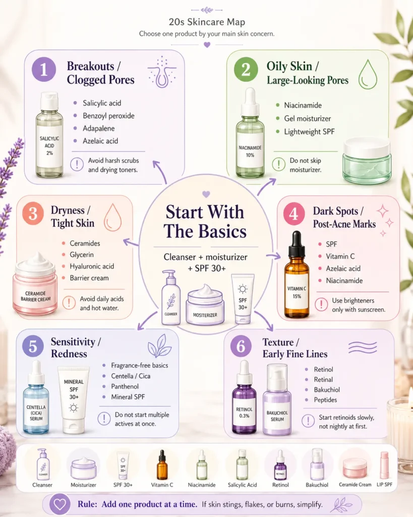 20s skincare guide showing products to use, add if needed, and skip for a simple beginner routine
