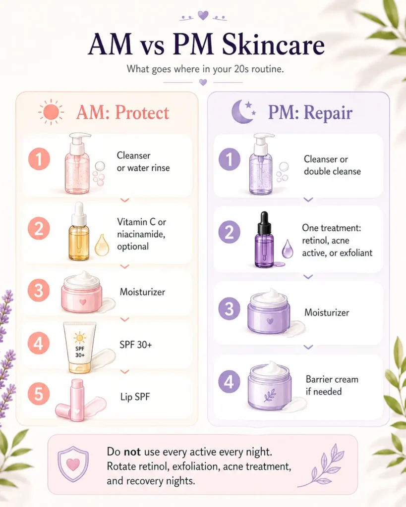 AM vs PM skincare routine guide showing morning protection steps and nighttime repair steps for women in their 20s