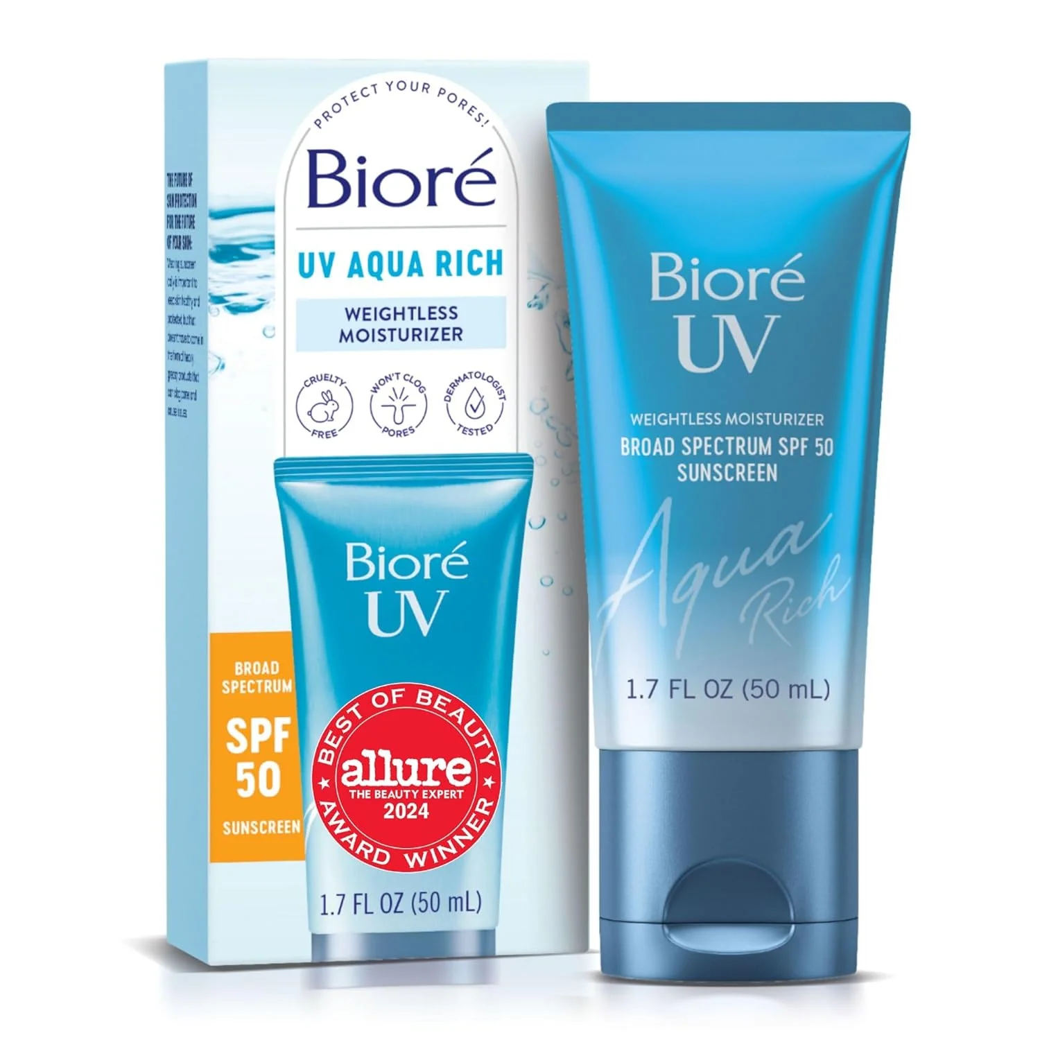 Bioré UV Aqua Rich SPF 50 facial sunscreen tube