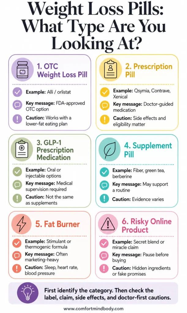 Comfortable weight loss pill guide showing how to check comfort, mind, and body before buying weight loss pills