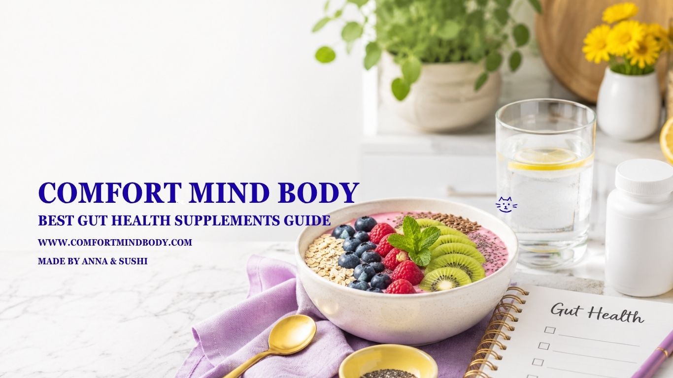Best Gut Health Supplements: A 2026 Guide To Fiber, Probiotics, Enzymes & Digestive Support 2 Best gut health supplements guide with fiber foods, probiotics, digestive support, water, and an unbranded supplement bottle