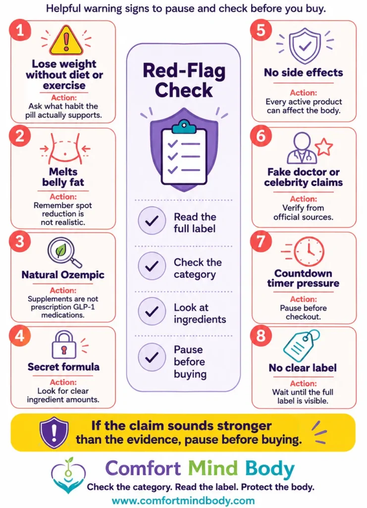 Diet pill red flags before buying including no-effort claims, natural Ozempic promises, secret formulas, fake doctor claims, unclear labels, and refund warnings