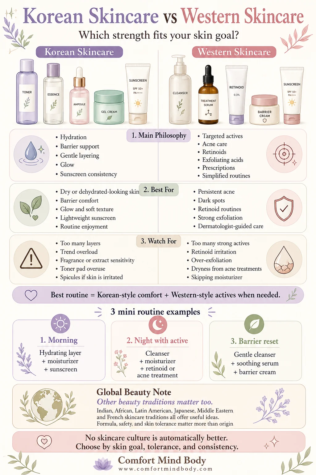 Korean skincare vs Western skincare comparison infographic showing routine philosophy, skin goals, ingredients, product types, safety reminders, and how to mix both approaches carefully.