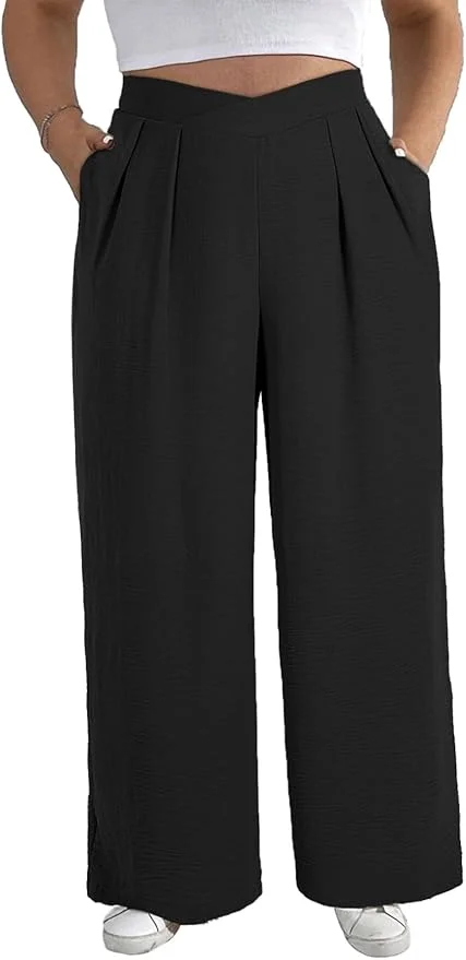 Plus-size wide-leg crossover waist pants for summer office outfits