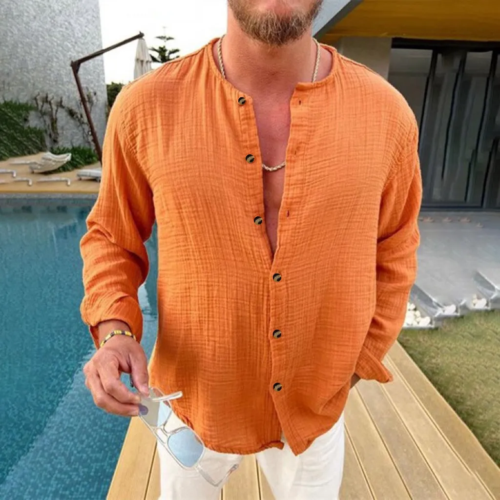 Men's extended-size mandarin-collar button-down shirt