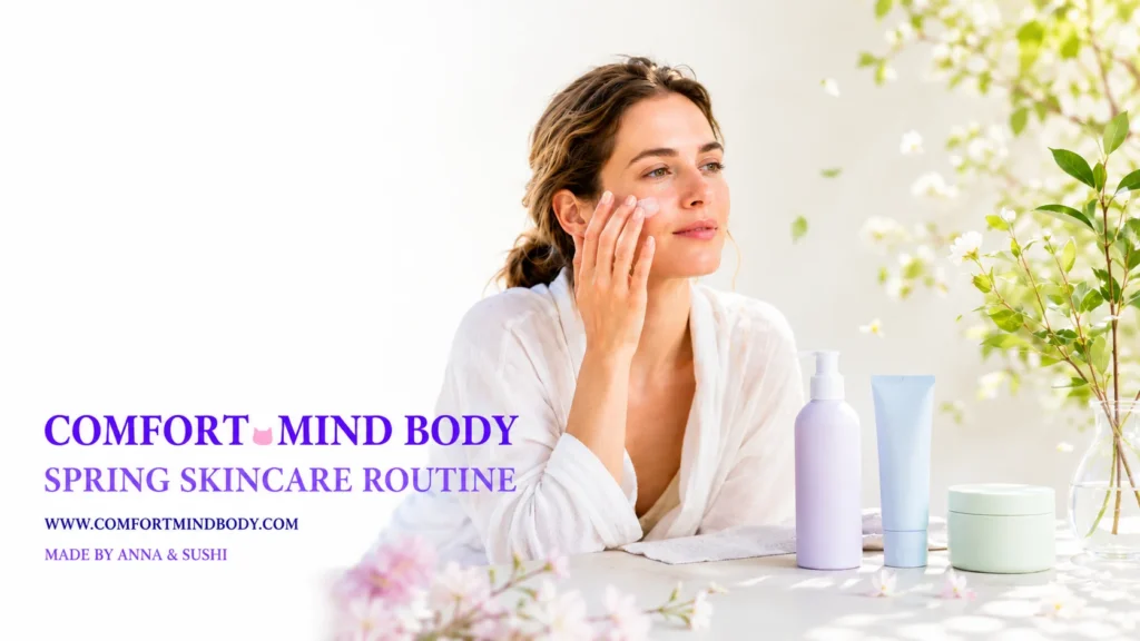 Woman applying face cream beside pastel skincare products for a spring skincare routine
