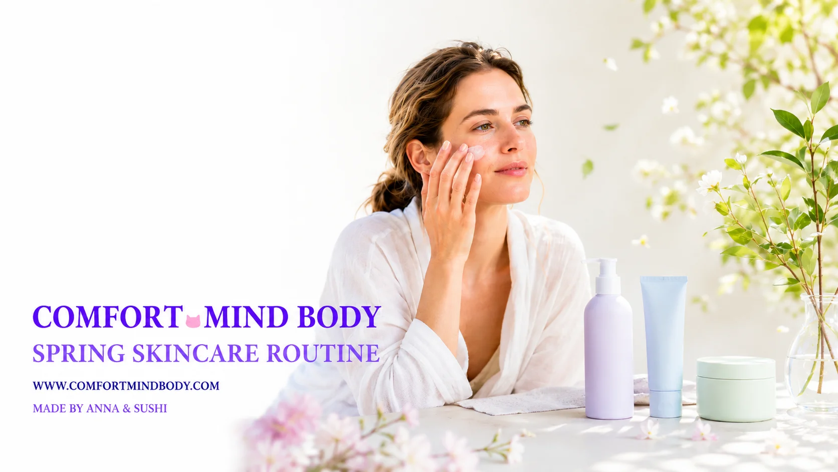 Woman applying face cream beside pastel skincare products for a spring skincare routine
