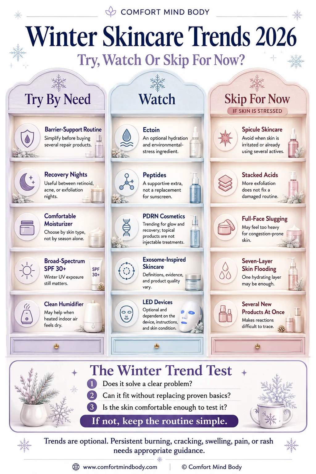 Winter skincare trends 2026 infographic sorting barrier care, ectoin, peptides, PDRN, LED, spicules, slugging and skin flooding into try, watch or skip categories.