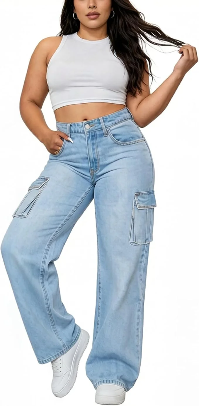 QERINTE women's plus-size high-waisted stretch cargo jeans