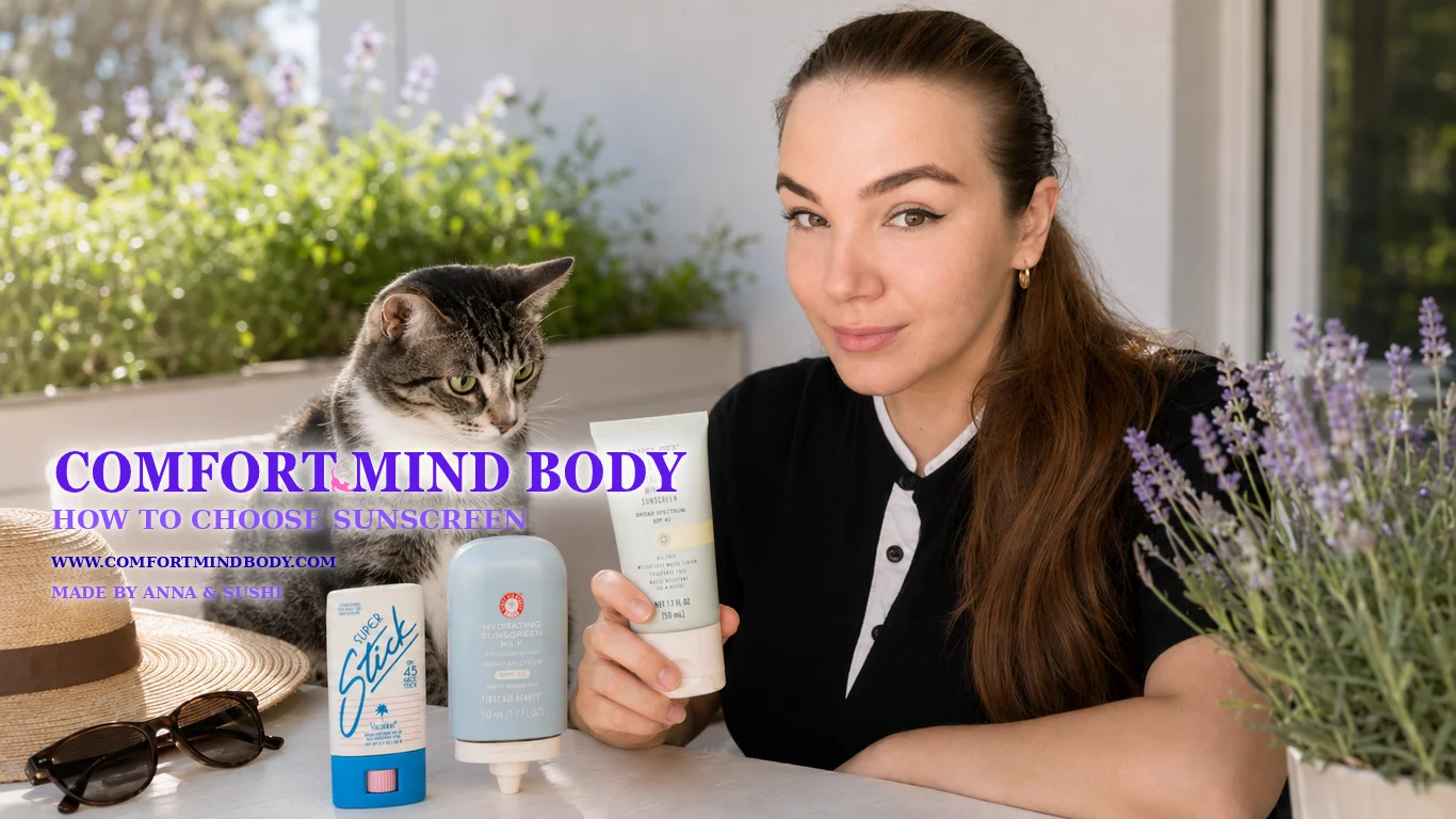 Anna compares sunscreen bottles for a Comfort Mind Body sunscreen selection guide