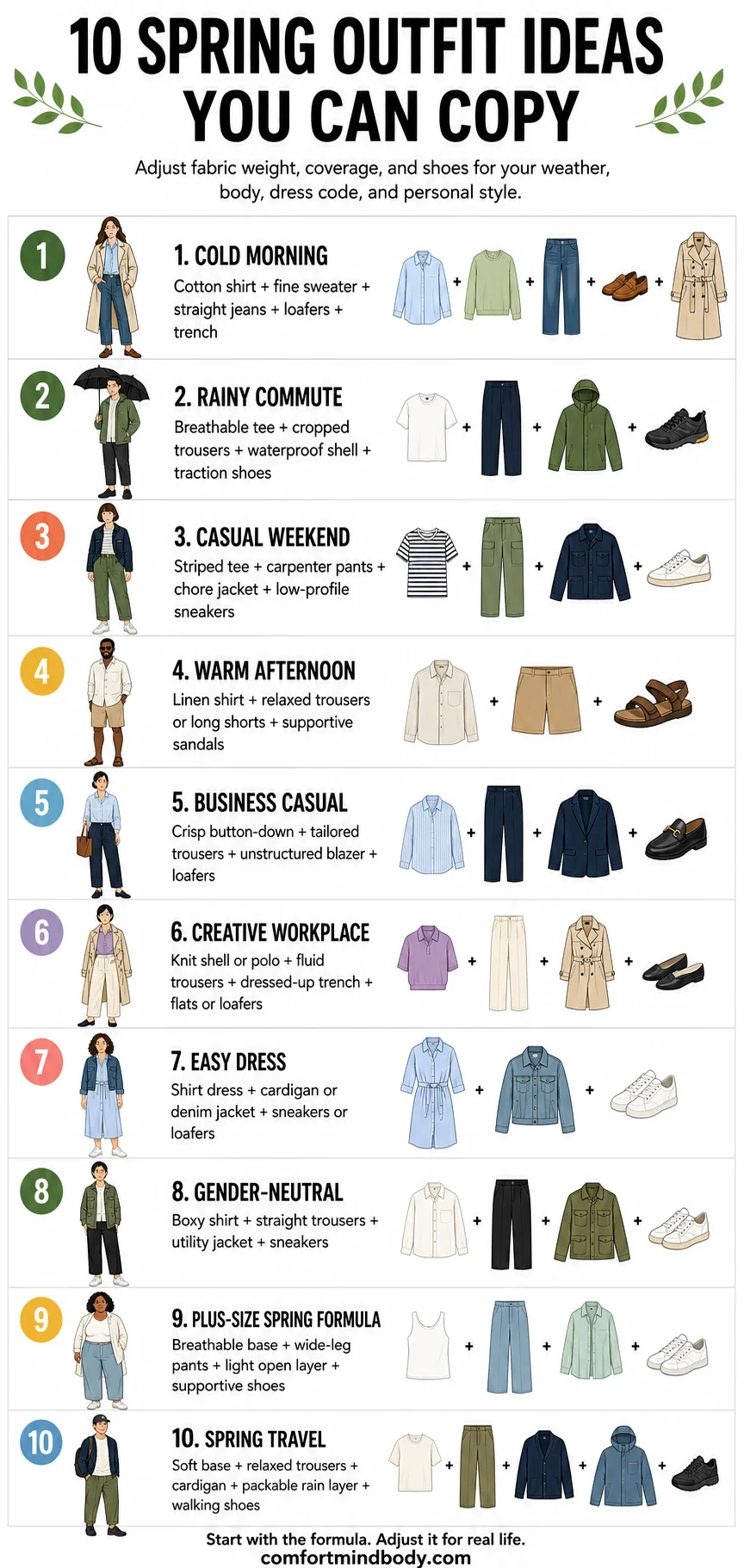 Infographic showing 10 spring outfit ideas for changing weather, work, weekends and travel