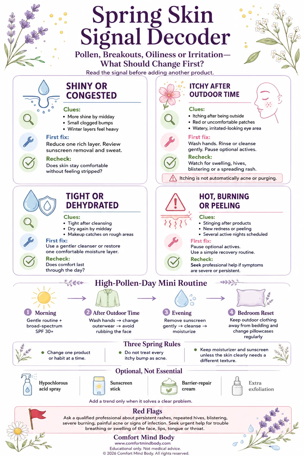 Spring skin signal decoder comparing congestion, pollen irritation, dehydration, burning and peeling with first fixes, a high-pollen-day routine and warning signs.