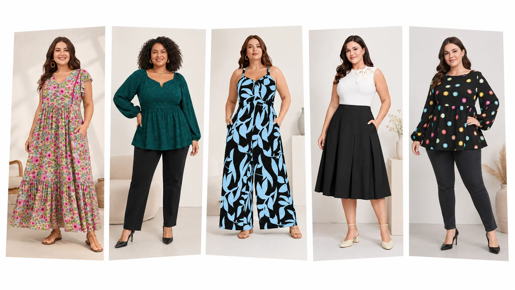 BloomChic collage showing a floral maxi dress, dressy tops, a printed maxi dress and a black midi skirt