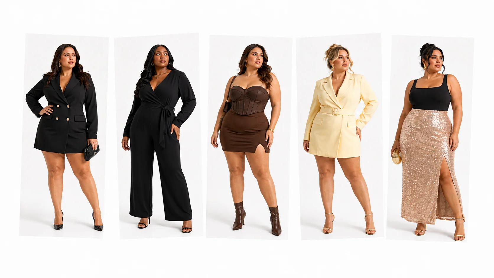 Boohoo Curve collage showing blazer dresses, a black jumpsuit, a brown corset mini dress and a gold sequin skirt