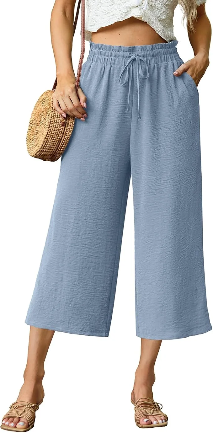 High-waisted drawstring wide-leg capri pants for summer travel outfits