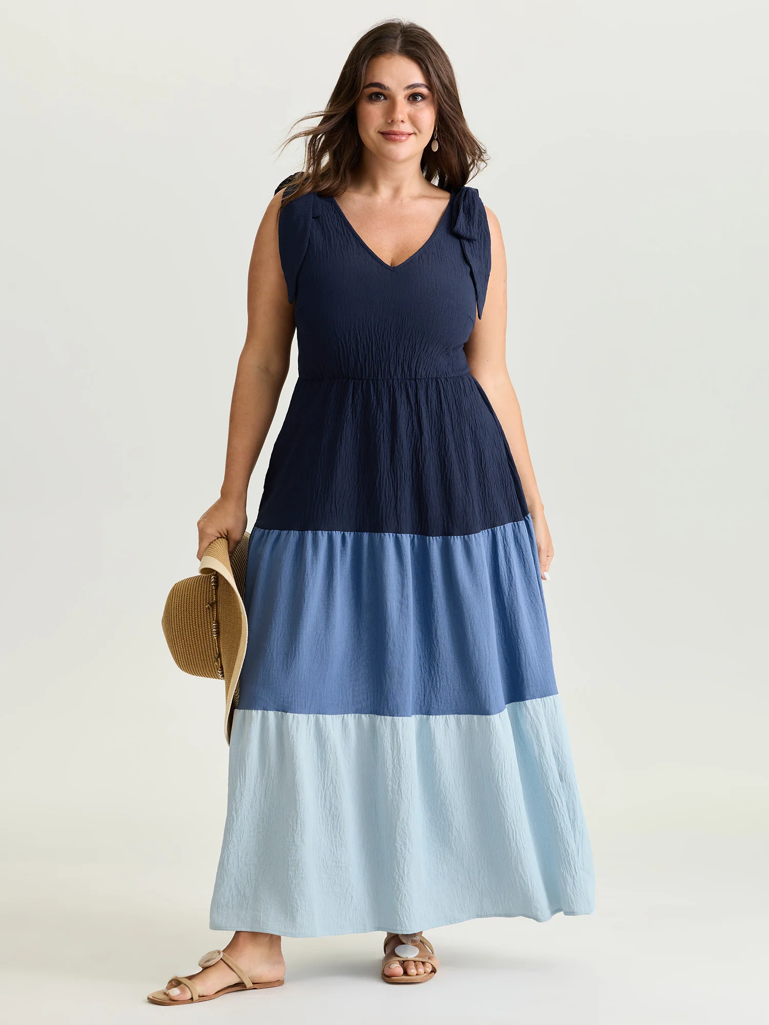BloomChic bright colorblock plus-size spring maxi dress with shoulder ties and a tiered skirt
