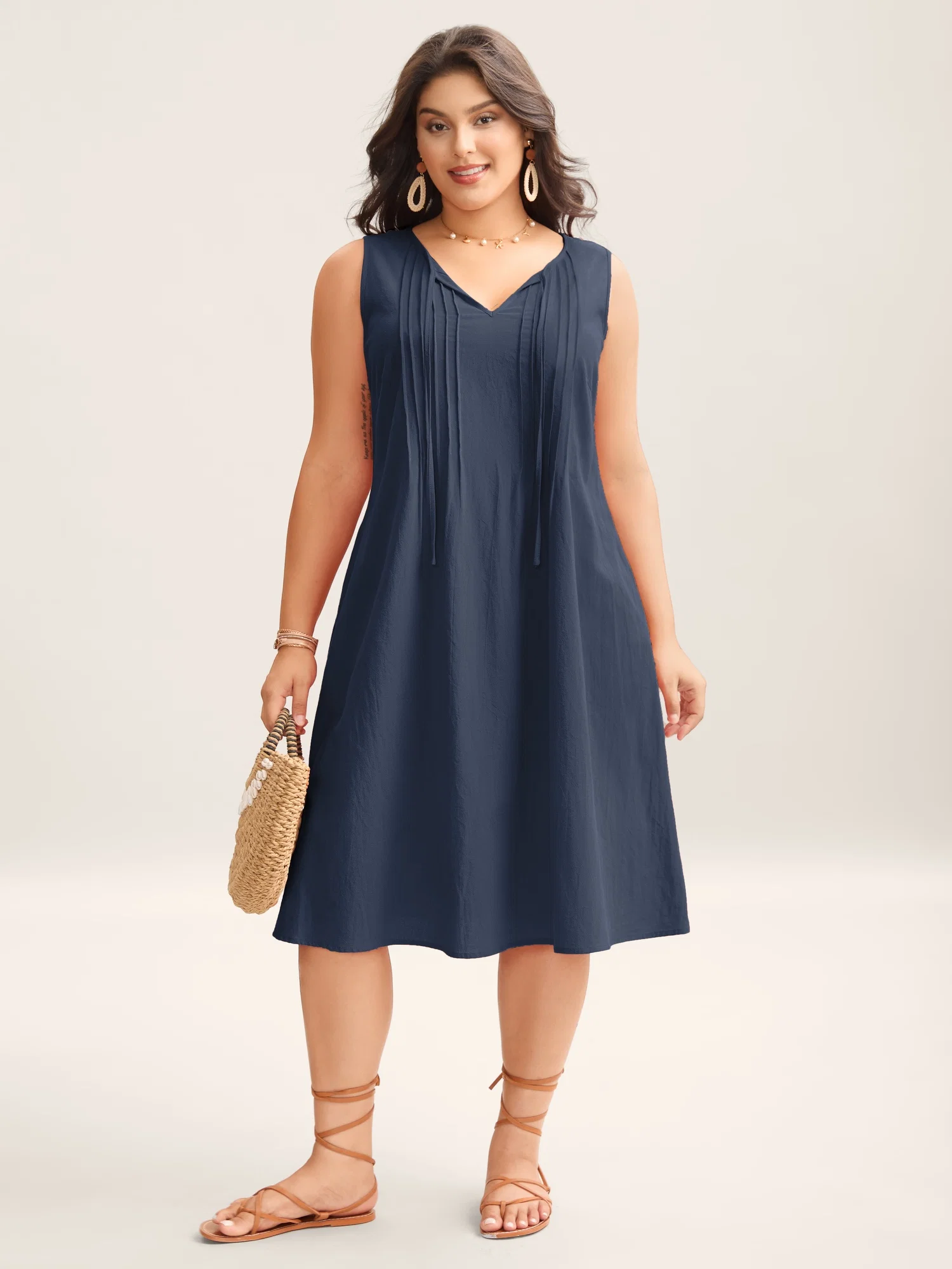 BloomChic Cotton Toothpick Pleat Plain Midi Dress