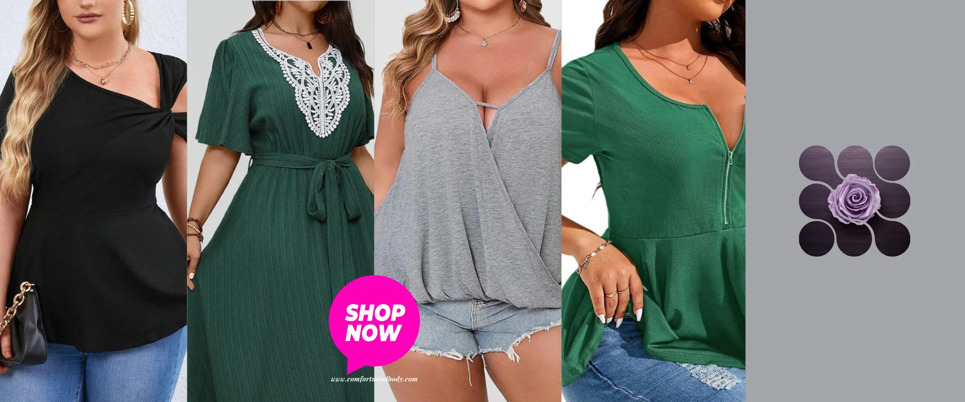 Curvesoul plus-size clothing collage with black and green tops, a green belted dress and a gray draped top
