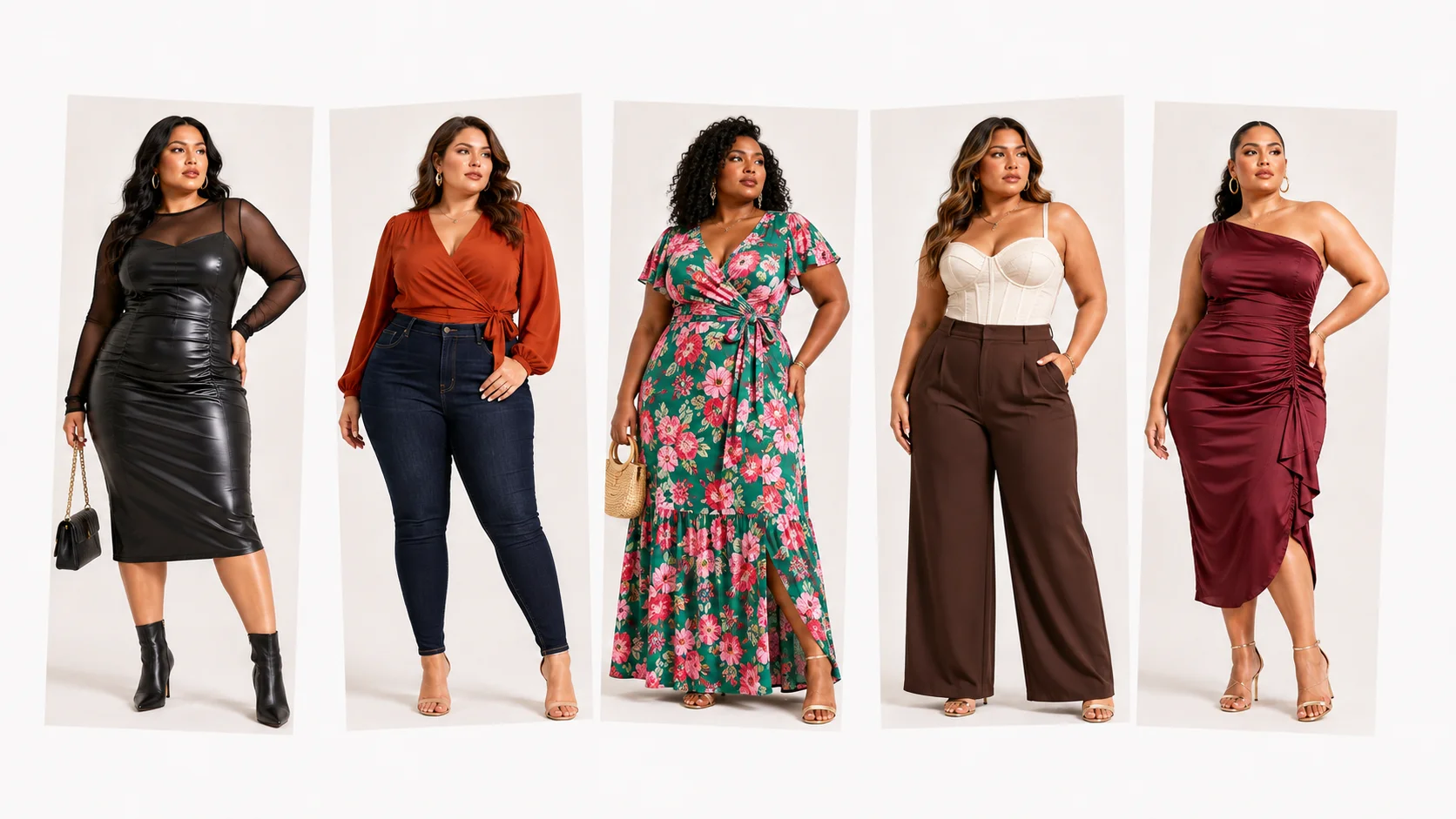 Curvesoul collage showing black and burgundy fitted dresses, a rust wrap top, a floral maxi dress and a corset top with trousers