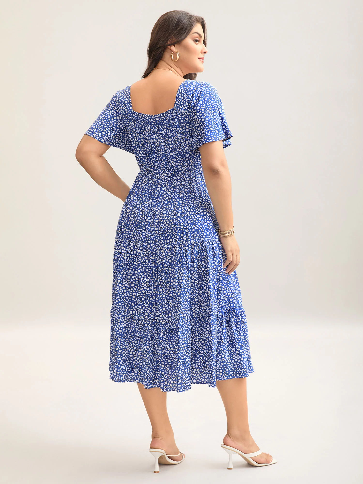 BloomChic Ditsy Floral Sweetheart Drawstring Pocket Tiered Dress
