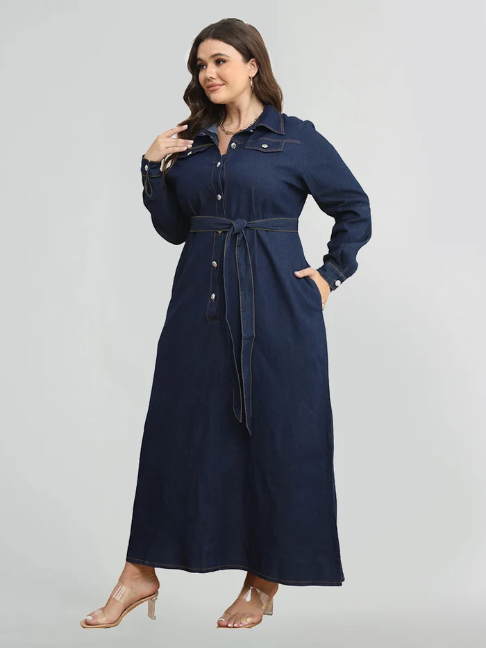 Curvesoul drawstring button pocket tie-belt plus-size denim dress