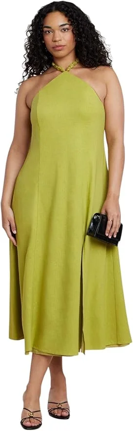 ELOQUII Women's Plus Size Bead Detail Linen Halter Midi Dress