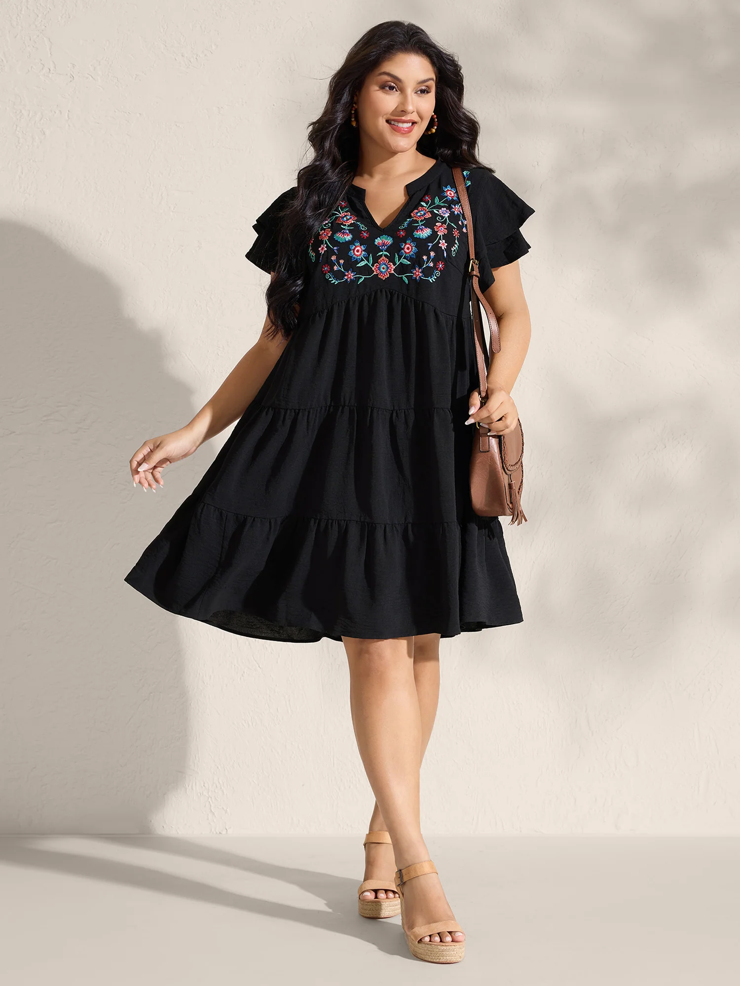 BloomChic Embroidered Neckline A-Line Ruffled Knee-Length Dress