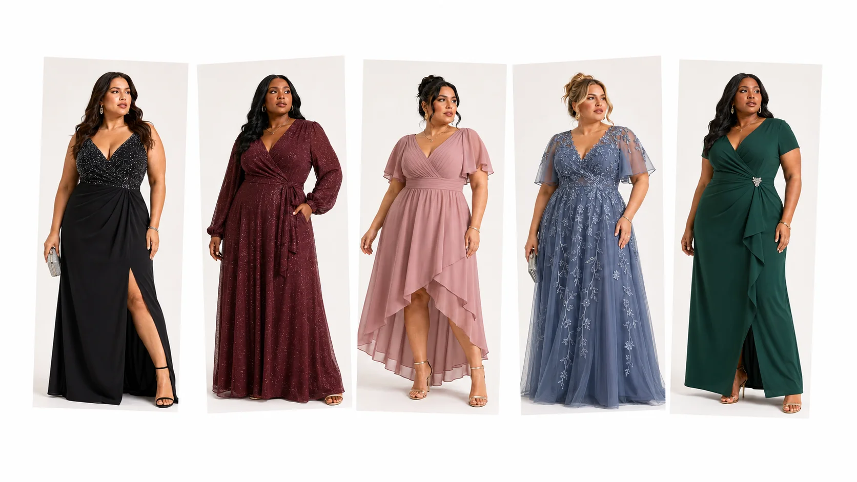 Ever-Pretty Plus collage showing black, burgundy, blush and blue evening dresses with a green formal jumpsuit