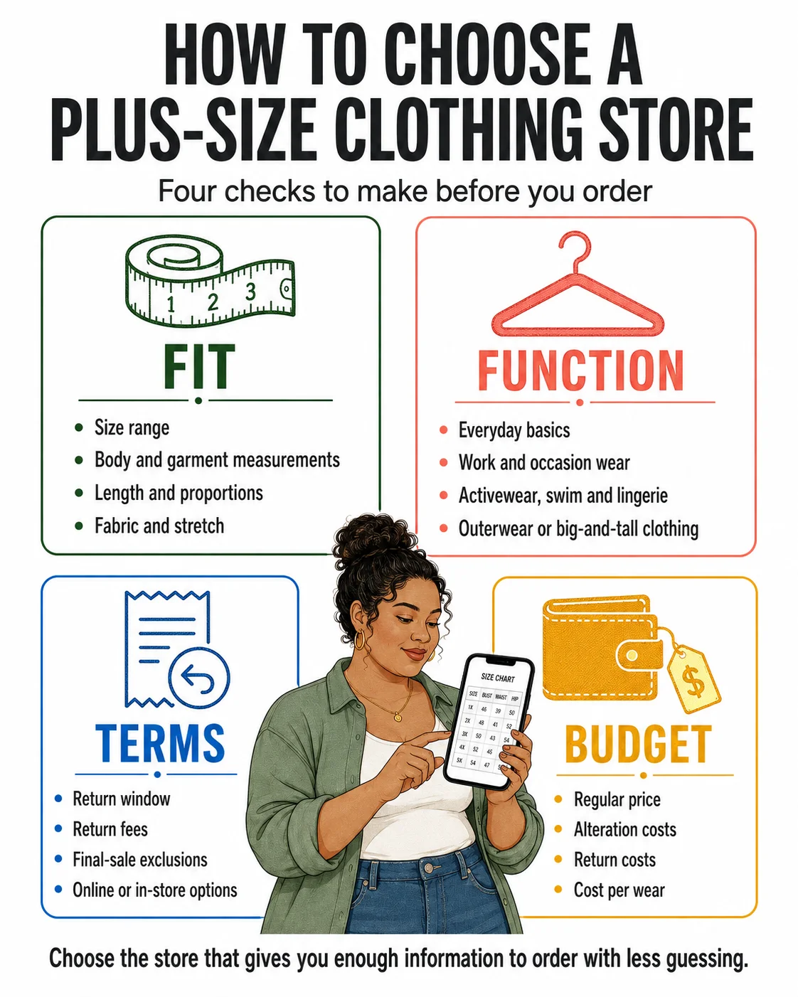 How to choose a plus-size clothing store using four checks: fit, function, terms and budget