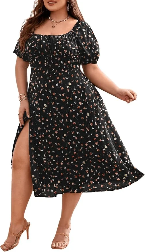 Floerns Women's Plus Size Floral Print Tie Front Square Neck Slit Hem Midi Dress