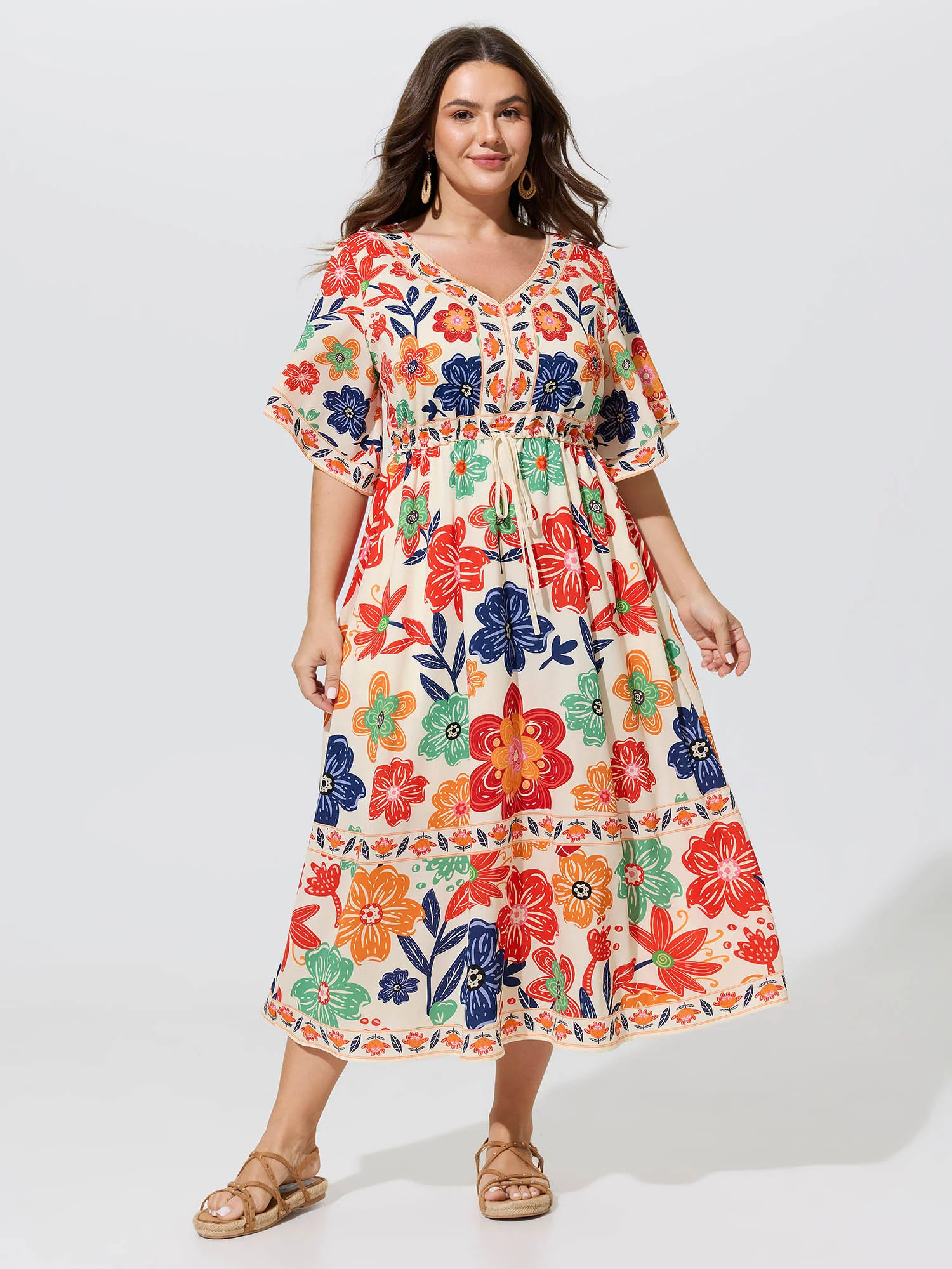 BloomChic floral-print drawstring-waist tiered plus-size midi dress