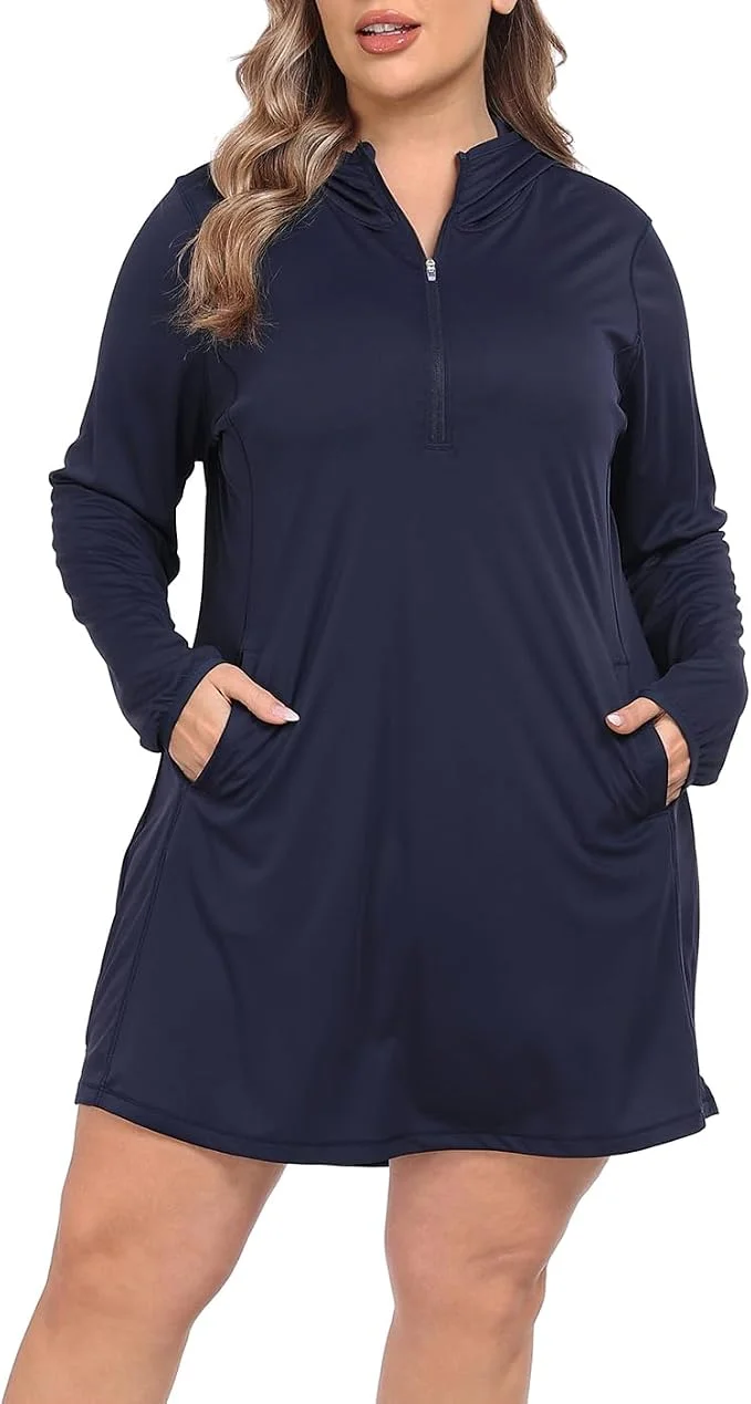 Model wearing the HDE plus-size hooded long-sleeve beach cover-up tunic