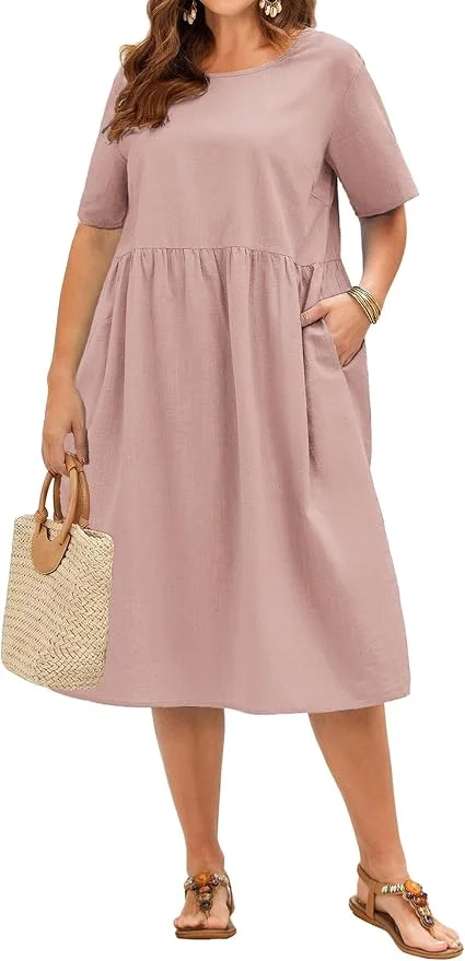 IN'VOLAND Plus Size Cotton Linen Summer Midi Dress With Pockets