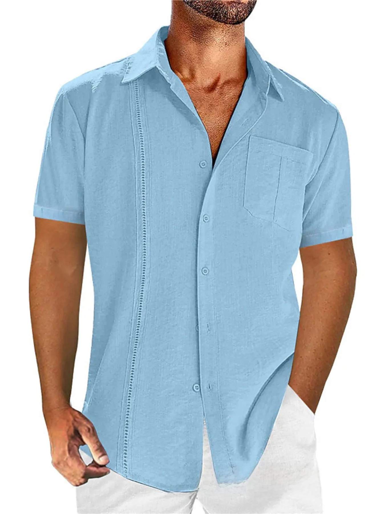 Plus-size linen-blend short-sleeve button-down shirt for summer outfit formulas
