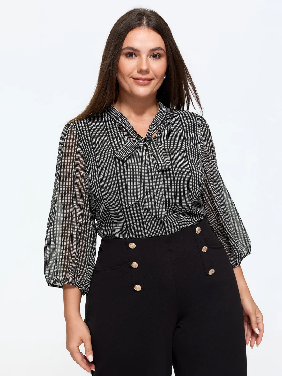 BloomChic plaid V-neck blouse with a bow-tie front