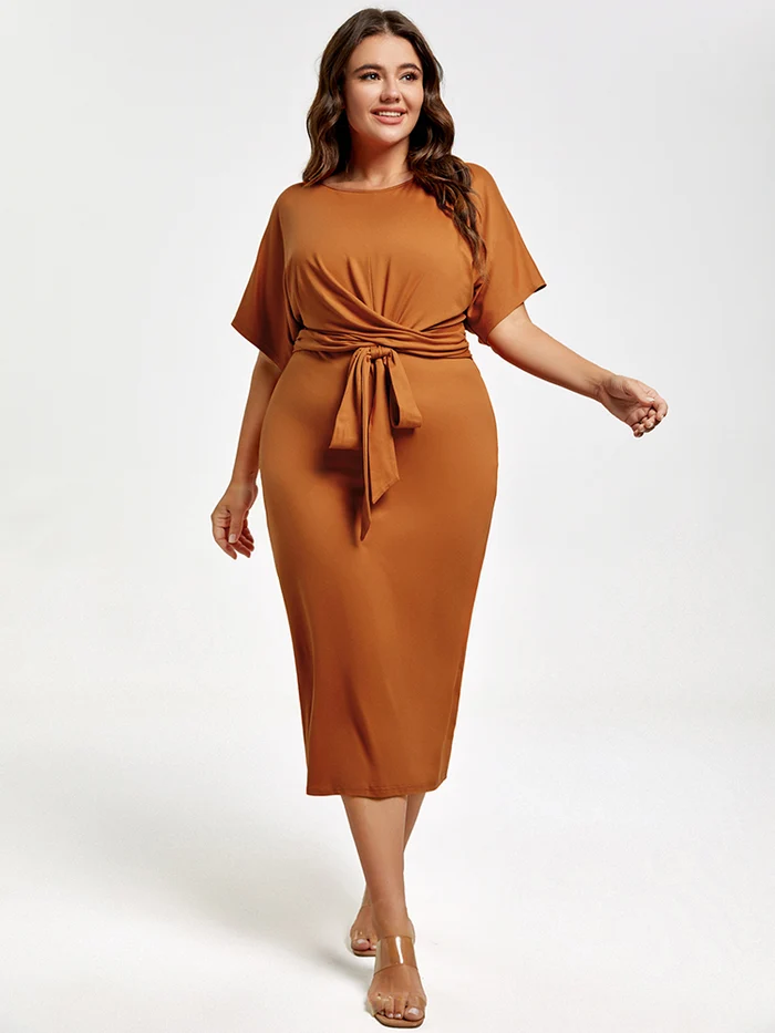 Curvesoul plus brown ruched tie-front midi dress