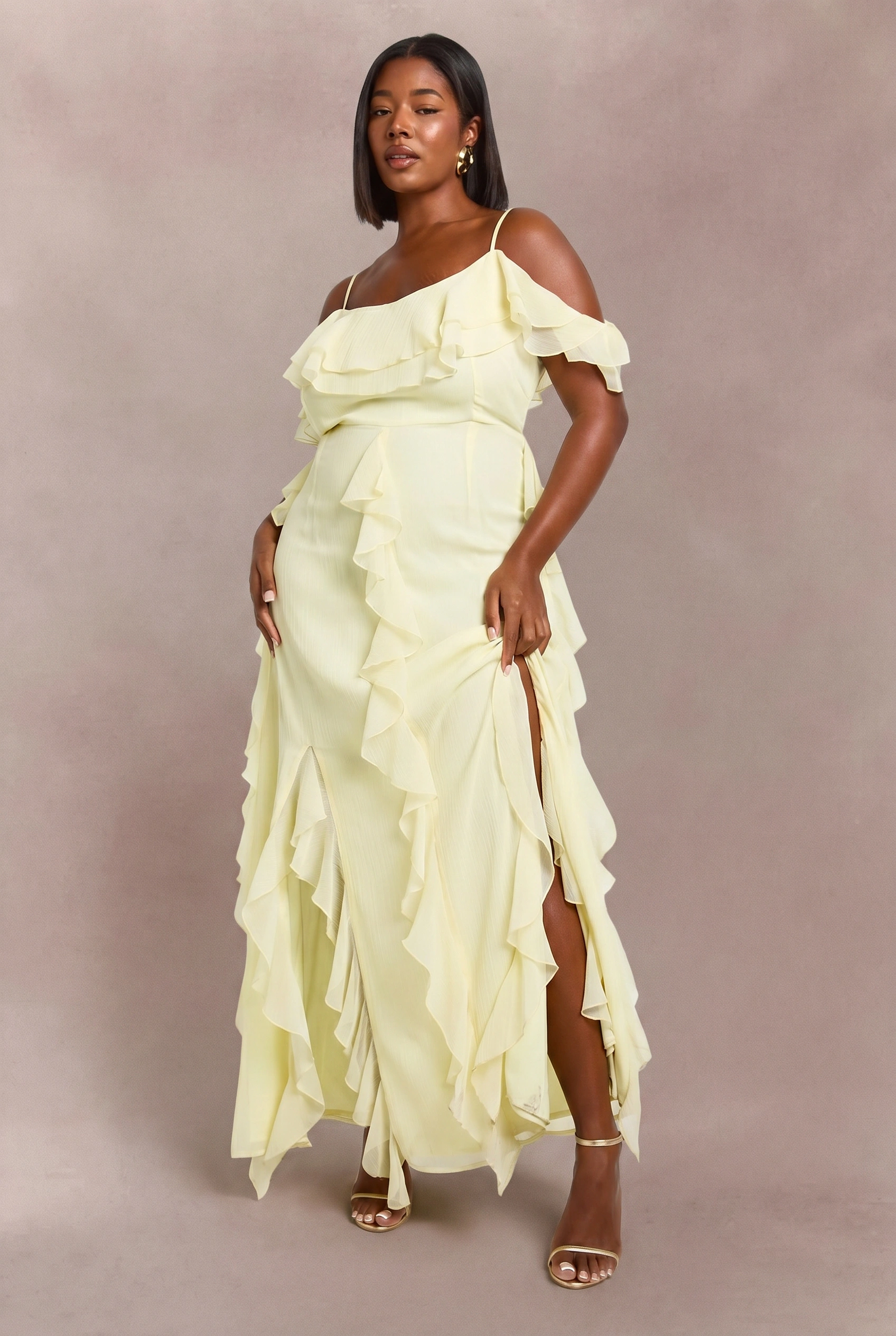 Boohoo plus chiffon ruffle cold-shoulder maxi dress