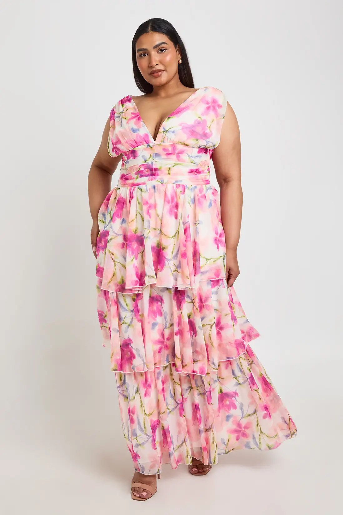 Boohoo Plus Floral Chiffon Layered Plunge Front Maxi Dress