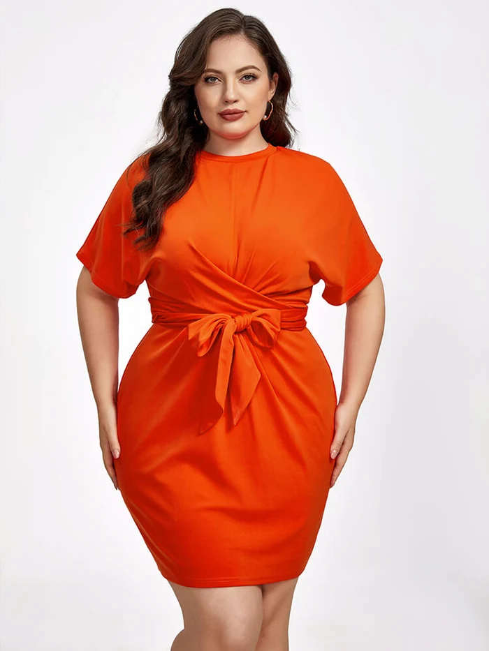 Curvesoul orange round-neck plus-size spring dress with a tie-front waist