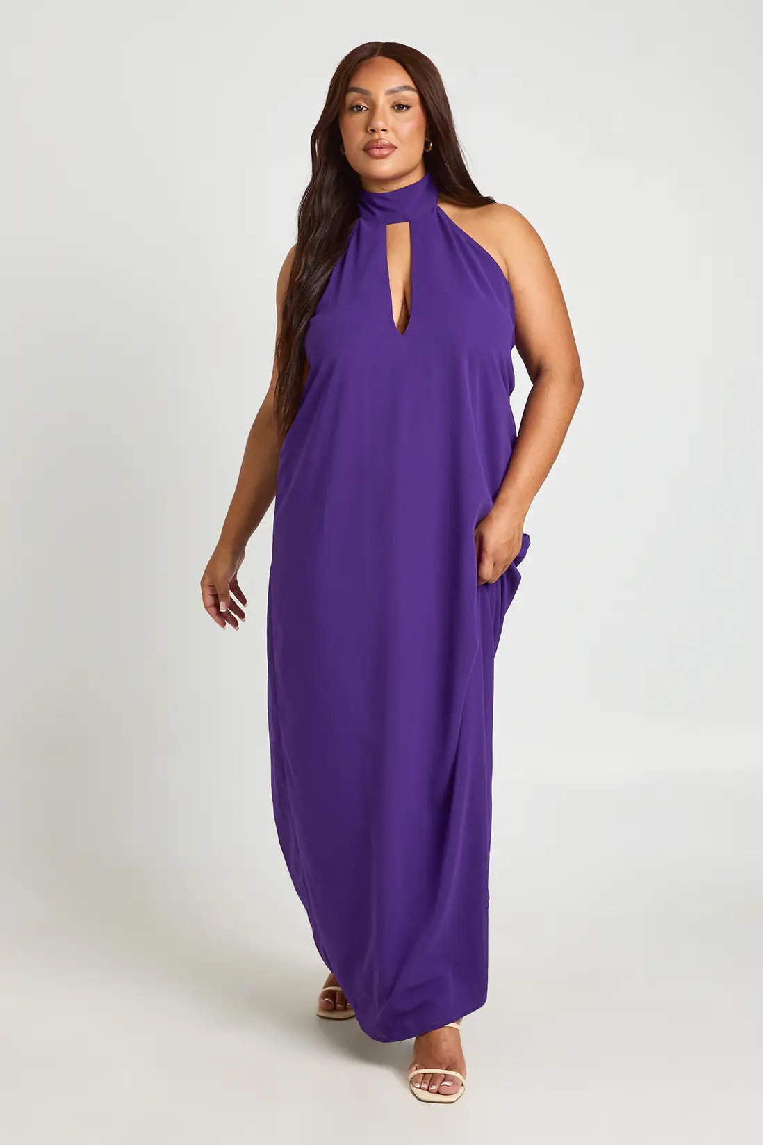 Boohoo plus plunge chiffon halterneck ruffle maxi dress