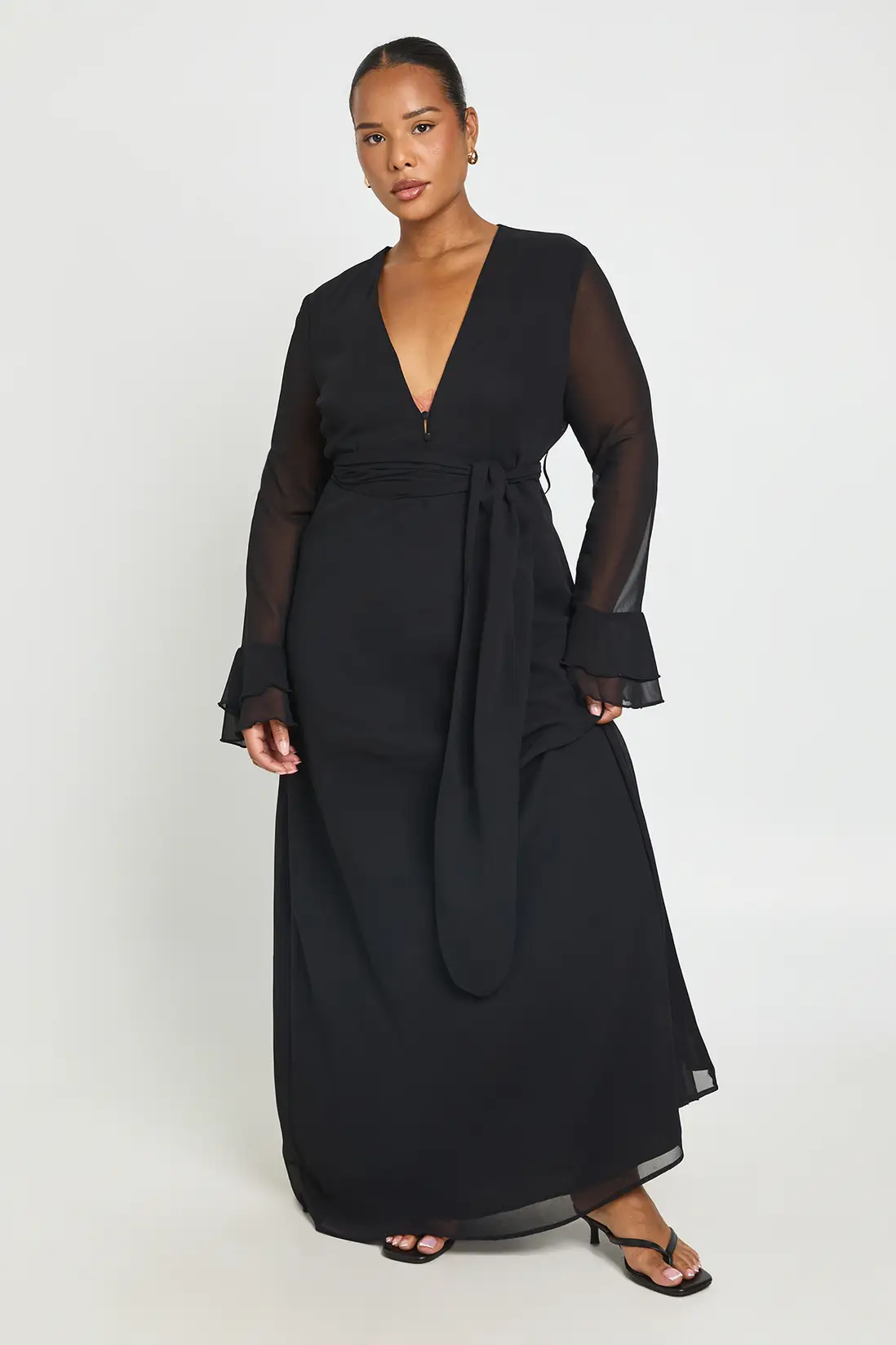 Boohoo Plus Printed Button Detail Ruffle Sleeve Maxi Dress