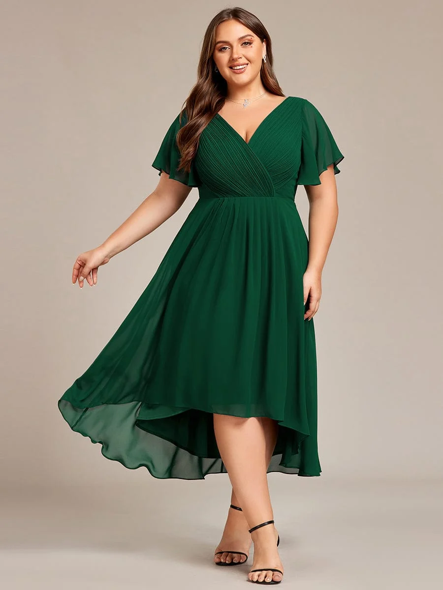 Ever-Pretty Plus Size Pleated V-Neck Chiffon Midi Dress With Ruffle Sleeves