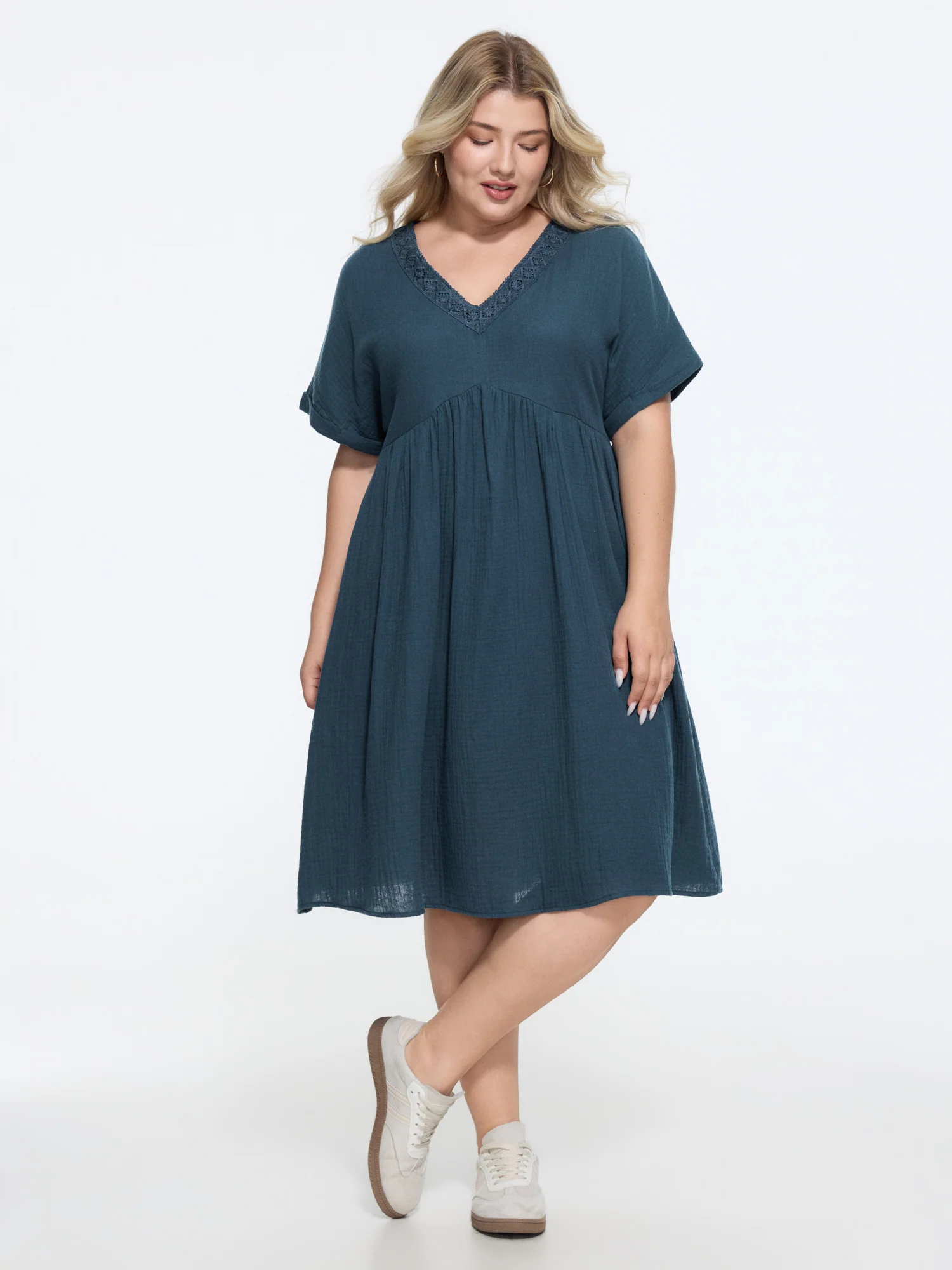 BloomChic Pure Cotton Lace V-Neck Solid Mini Dress