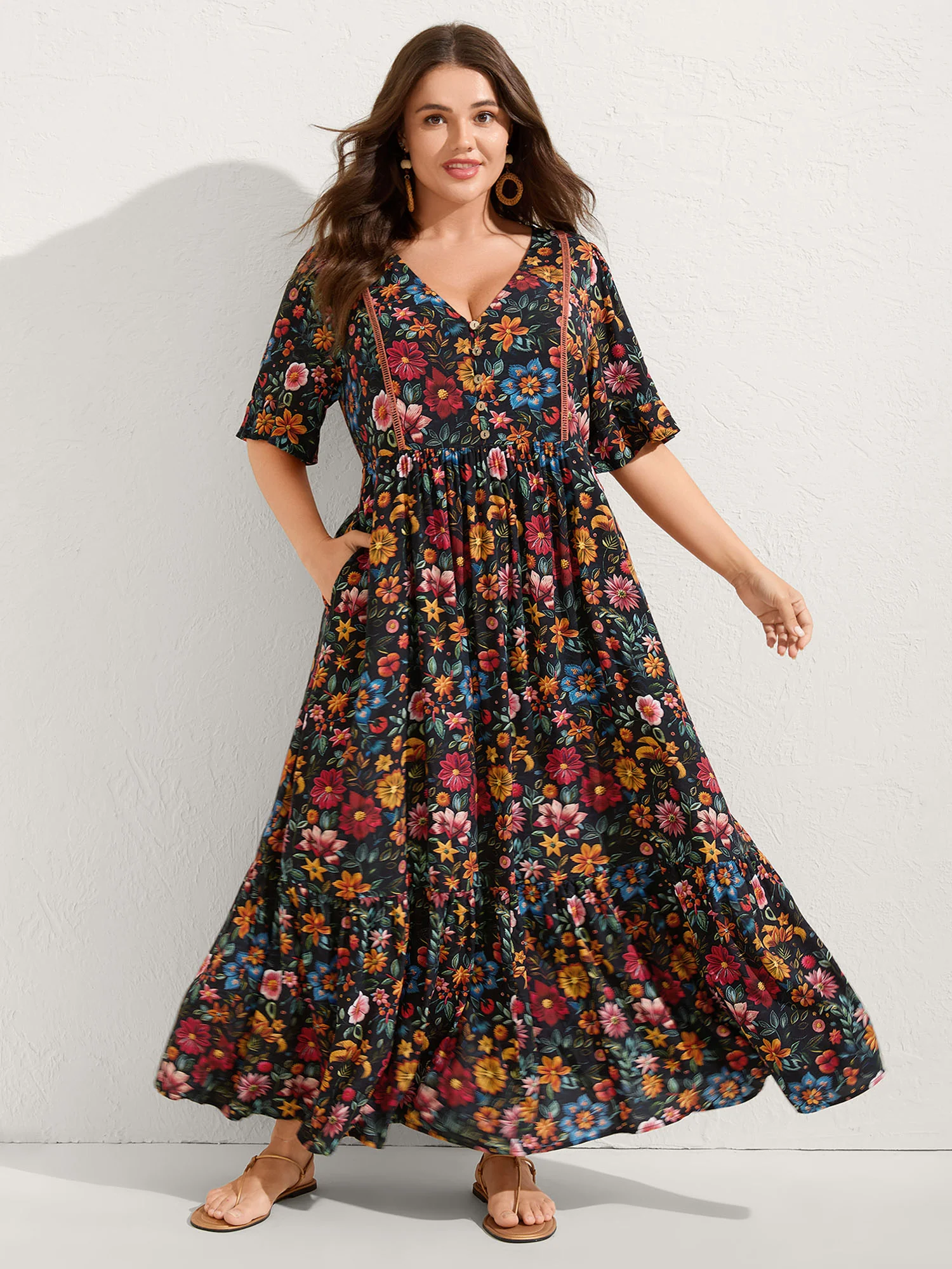 BloomChic Rayon Floral Lace Trim Button Maxi Dress