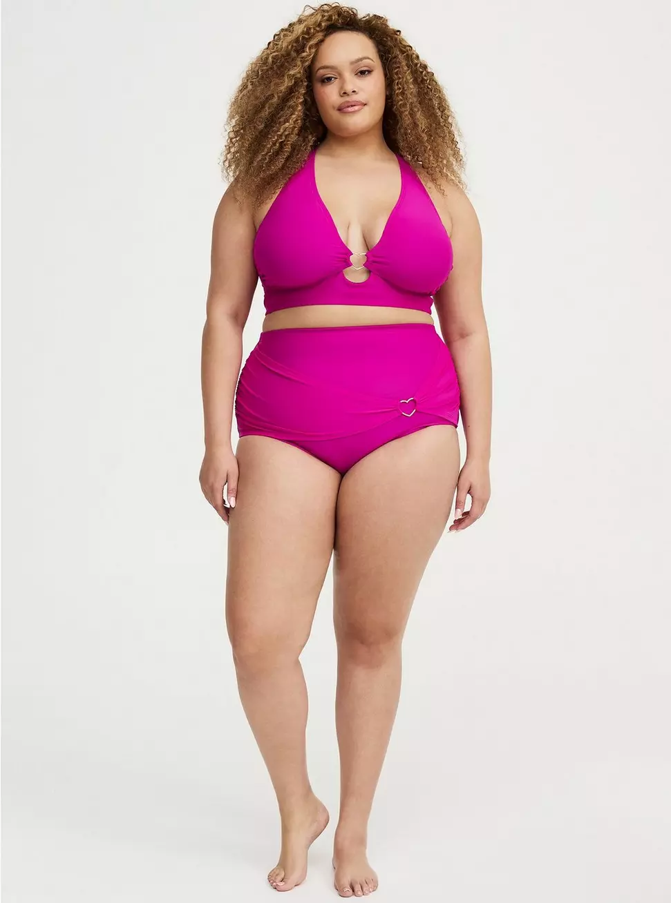 Torrid magenta wire-free triangle bikini top with matching ruched high-waist swim bottom