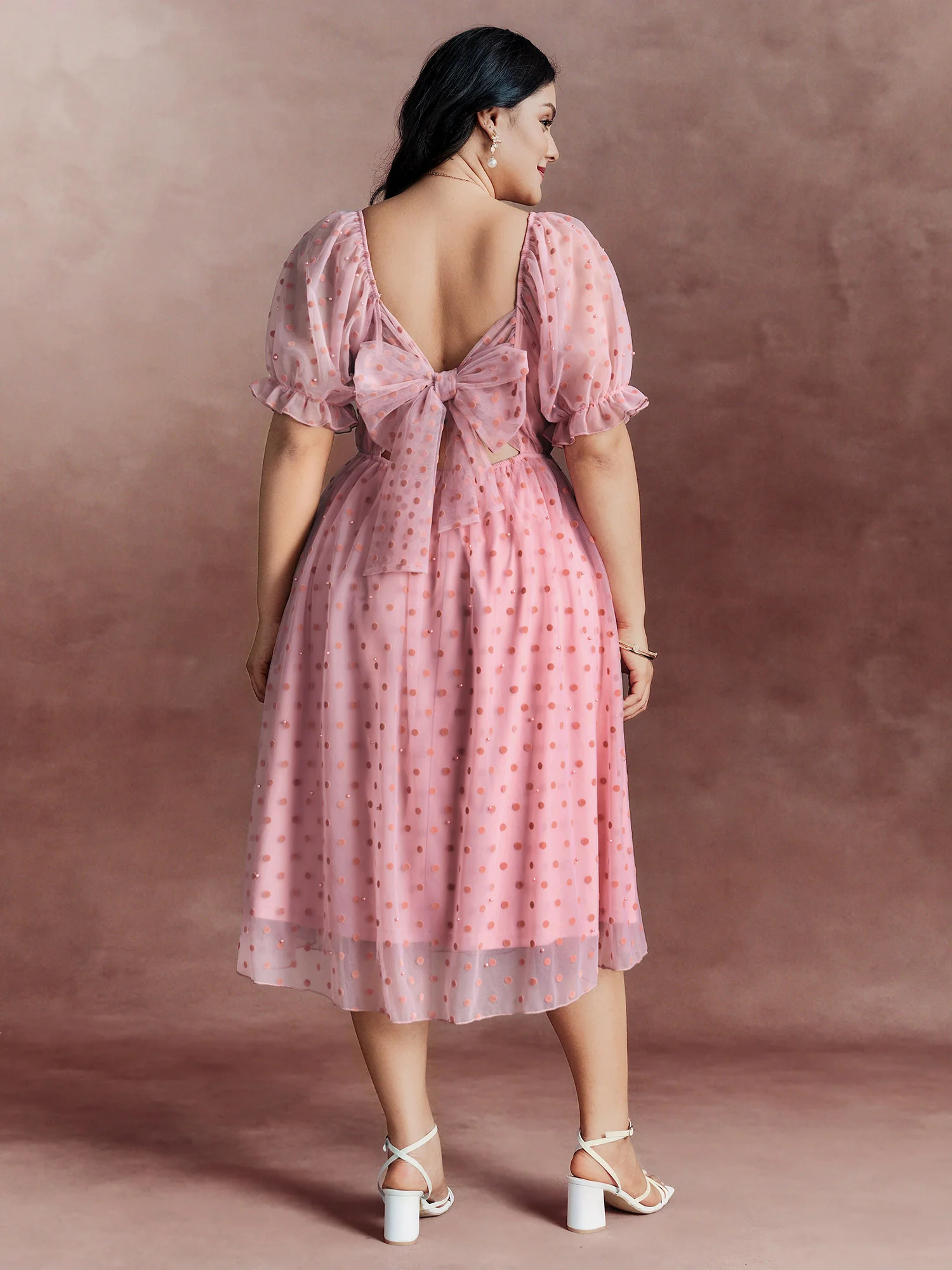 BloomChic sheer romantic flocking back-tie plus-size midi dress