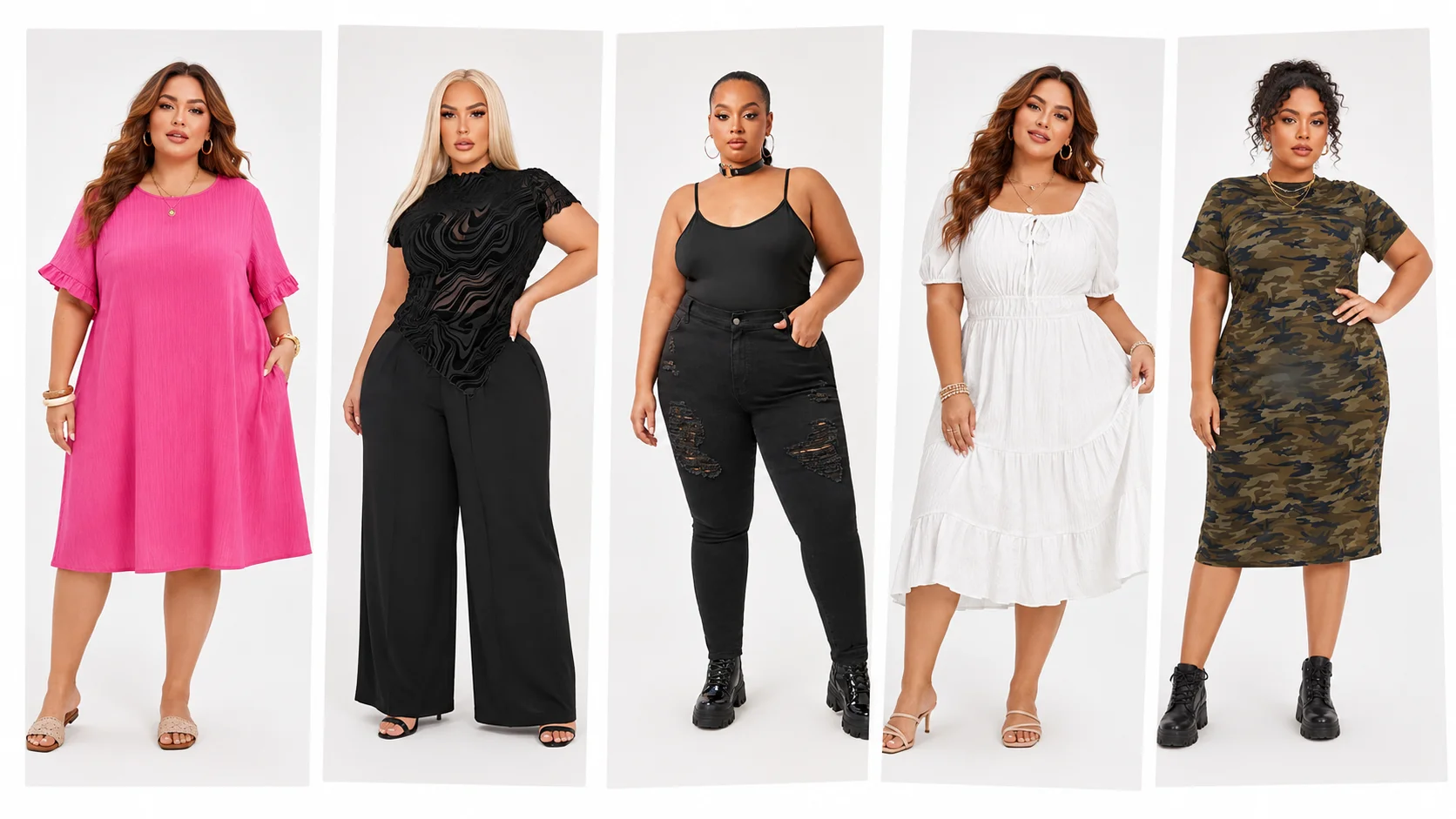 SHEIN Curve collage showing a pink dress, black evening separates, distressed jeans, a white tiered dress and a camouflage dress