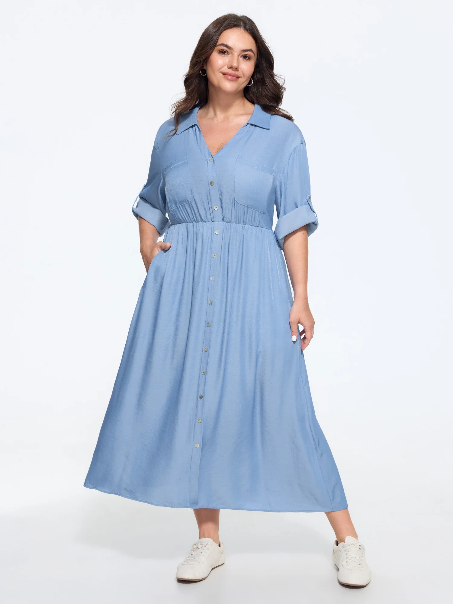 BloomChic textured roll-tab-sleeve plus-size spring dress with patch pockets and a belt