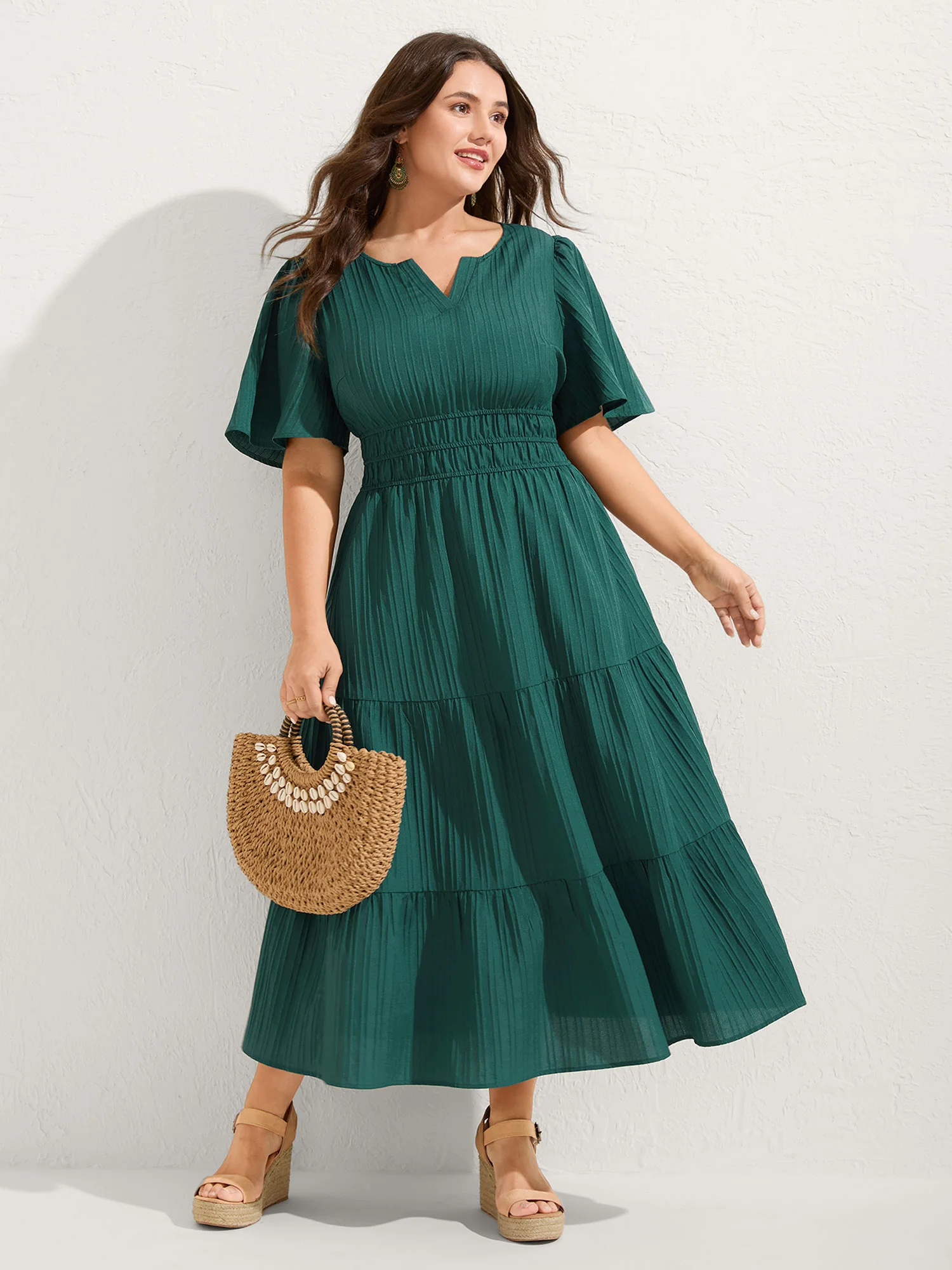 BloomChic Textured Shirred Cinched Waist Maxi Dress